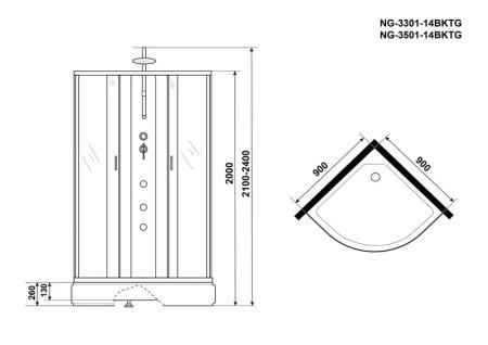 Душевая кабина Niagara NG-3301-14BKTG 900х900х2100-2400 средний поддон 26см стекло матовое