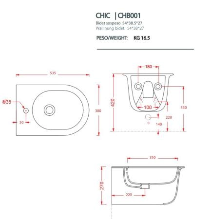 Artceram Chic Биде подвесное 38х53см., с 1 отв., цвет: белый