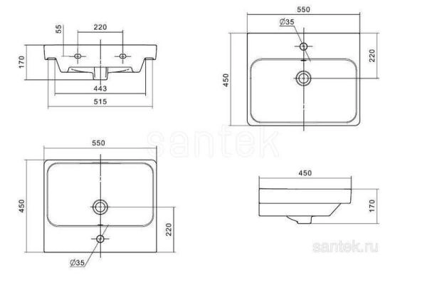 Раковина Santek Адриана 55 1WH501620 отверстие под смеситель