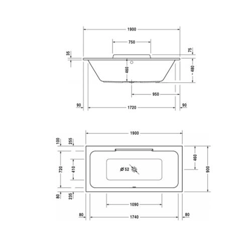Duravit Durastyle Ванна 190х90см, акриловая, прямоугольная встраиваемая или с панелями, с двумя наклонами для спины, цвет: белый