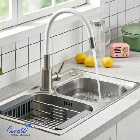 Cмеситель для кухни Ceruttispa Атэна BN-W (ATENA BN-W) из нержавеющей стали, цвет матовый никель, излив белый