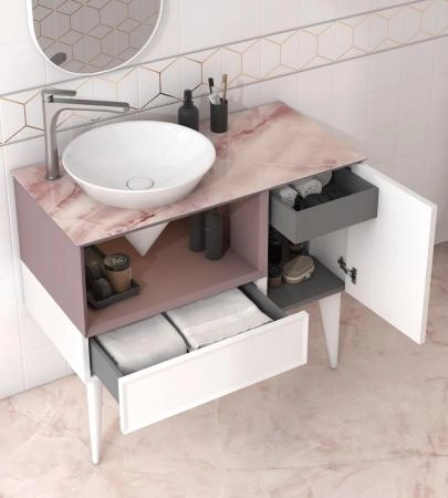Тумба Kerama Marazzi CONO КОНО CO.97\MAL подвесная с открытой полкой и ящиками 97, белая матовая-мальва