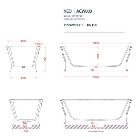 Artceram Neo Ванна отдельностоящая, 180х85хh65см, с переливом и слив.крышкой, Livingtec, цвет: черный глянцевый