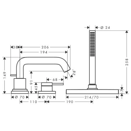 Hansgrohe Tecturis S Смеситель на борт ванны, 3 отв., цвет: хром