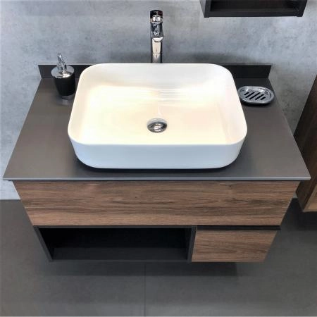 Тумба с раковиной Comforty Штутгарт-90 00-00002868 Дуб тёмно-коричневый с черной столешницей c раковиной COMFORTY T-Y9378