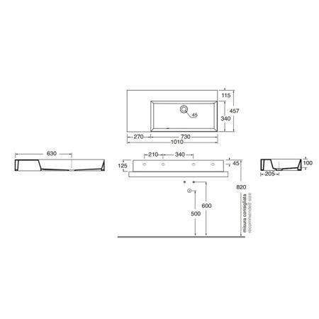 Azzurra Elegance Squared Раковина подвесная/накладная, 102x46xH12,5 см, левая, без отв., цвет: Bianco lucido
