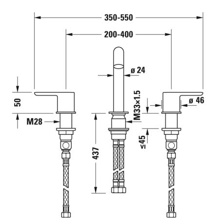 Duravit C.1 Смеситель для раковины, 3 отв., с донным клапаном, излив 140мм, цвет: хром