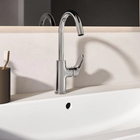 Ideal Standard Ceralife O Смеситель для раковины, на 1 отв., H21.5см., с поворотным изливом, с донным клапаном,  цвет: хром