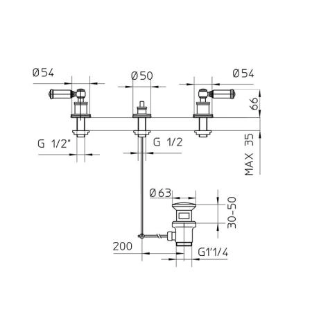 Bossini Liberty Смеситель для биде на 3 отверстия с заглушкой 1”1/4, цвет: золото