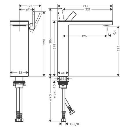 Axor MyEdition Смеситель для раковины 230, на 1 отв., излив 245мм, с донным клапаном, цвет: хром/черное стекло