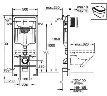 Инсталляция Grohe с черной кнопкой 39939000 RAPID SL 3 В 1 для унитаза