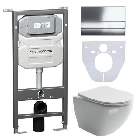 Сет 4 в 1: Подвесной унитаз Metropol Rimless арт. CN4002 + Шумоизоляционная панель для инсталляции арт. CN1000 + Система инсталляции для унитазов CERAMICANOVA Envision с кнопкой смыва Flat цвет хром, креплениями, арт. CN1002CH