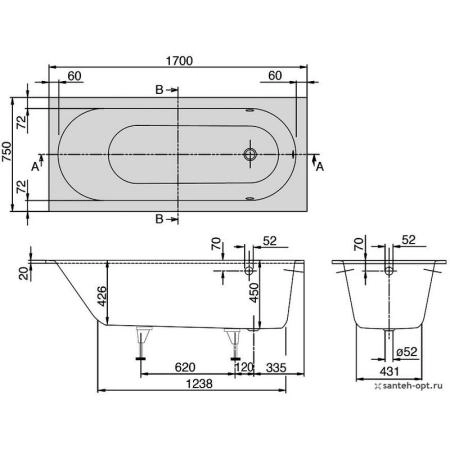 Ванна Villeroy&Boch OBERON 2.0 UBQ170OBR2DV-01 170x75см белый Альпин,, с ножками