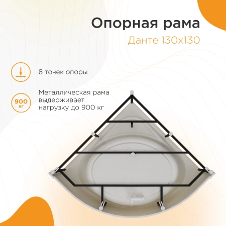 Ванна акриловая "ДАНТЕ 150х150", рама-подставка, фронтальная панель, слив-перелив автомат с сеточкой (хром, с сифоном)