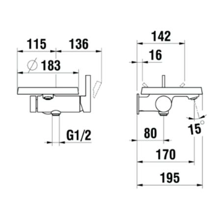 Laufen Kartell Смеситель для ванны настенный, на 1 отв, с ручным душем, излив 170мм, цвет: хром