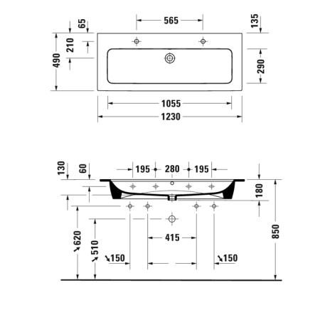 Duravit ME by Starck Раковина подвесная 123х49см., с площадкой, с 2 отв., цвет: белый