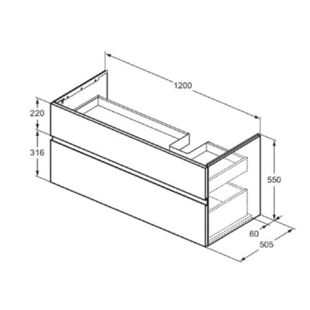 Ideal Standard Finesse Тумба с раковиной 120x50см, подвесная, DX, 2 ящика, 1 отв., цвет: пепельно-голубой матовый