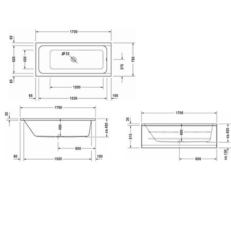 Duravit D-Code  Ванна акриловая прямоугольная 170х50x40см, встраиваемая, с 1 наклоном для спины, выпуск центральный , цвет: белый
