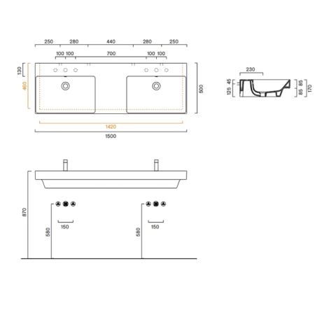 Catalano Zero Раковина 150x50см двойная, без отв., цвет: белый глянцевый
