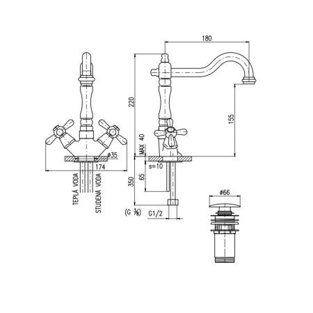 Смеситель Rav Slezak MORAVA RETRO MK121.5/8Z для раковины, цвет Золото классический, слив сlick-сlack