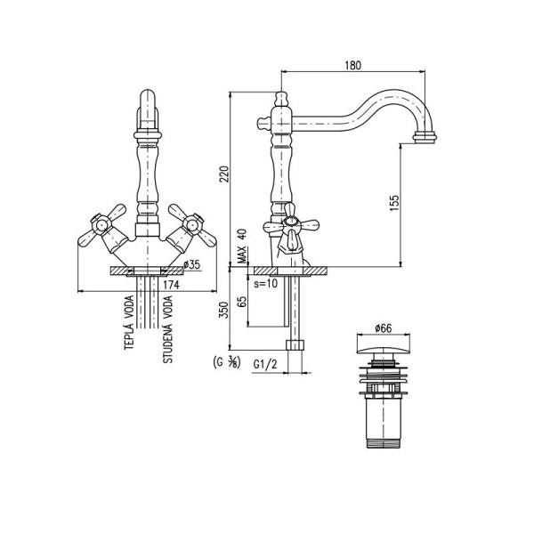 Смеситель Rav Slezak MORAVA RETRO MK121.5/8Z для раковины, цвет Золото классический, слив сlick-сlack