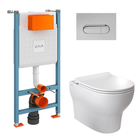 Инсталляция с унитазом VitrA Zentrum Round  9879B003-7200 комплект 4 в 1 с сиденьем микролифт безободковый цвет клавиши глянцевый хром