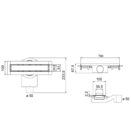 Plumberia Selection Трап душевой PS MODULAR 4x70 2устор. накладка из нерж.стали, комбинир.затвор с горизонт. Выпуском Ду 50мм,40л/мин, цвет: золото брашированная