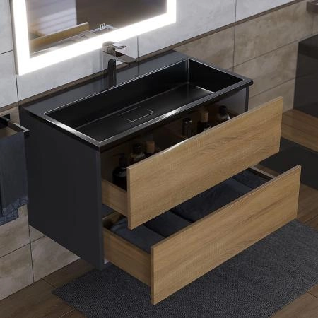 Тумба с раковиной Uperwood Barsa 80 см, раковина черная глянцевая, подвесная тумба черная/дуб сонома