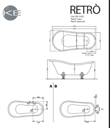 KERASAN Retro Ванна акриловая 170х77см, цвет белый, ножки, сифон и слив-перелив в комплекте, цвет золото