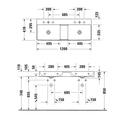 Duravit DuraSquare Раковина подвесная 120х47см, с отметками на 2 отв., двойная, без перелива, с покрытием WonderGliss, цвет: белый