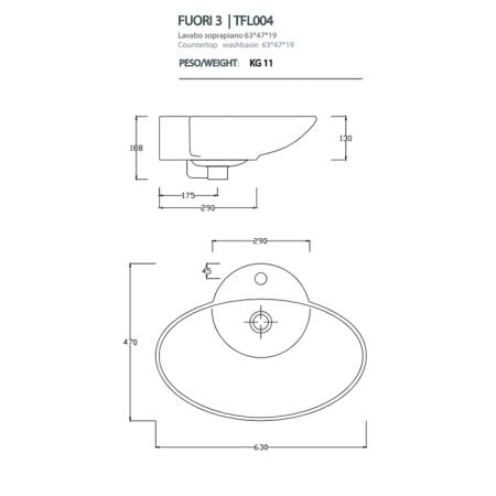 Artceram WASHBASINS FUORI 3  Раковина накладная 63х47 см, с 1 отв под смеситель, цвет белый.