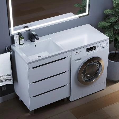 Тумба под стиральную машину Uperwood Tanos 60 см напольная с раковиной Cosmos 120 см левая, белая/графит