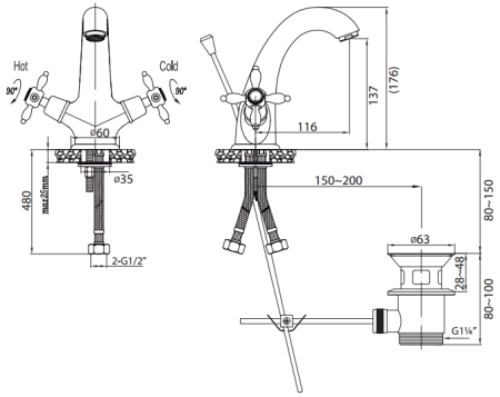 Смеситель CEZARES NOSTALGIA-LS1-02 для раковины,бронза с донным клапаном