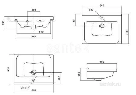 Раковина Santek Миранда 60 отверстие под смеситель 1WH302421