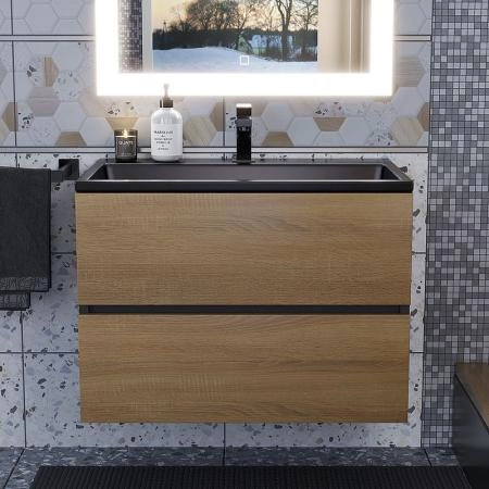 Тумба с раковиной Uperwood Barsa 70 см, раковина черная глянцевая, подвесная тумба черная/дуб сонома
