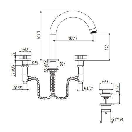 Gattoni GAS Смеситель для раковины на 3 отв., в комплекте с донным клапаном, цвет: Satin gold/красный/синий