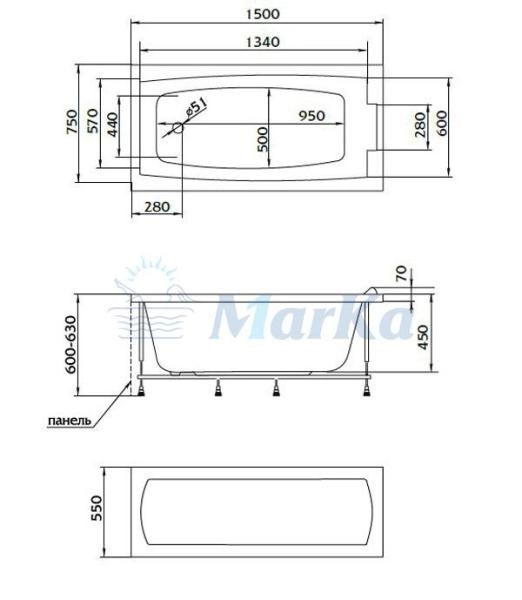 Ванна 1Marka AELITA 150x75 см без гидромассажа