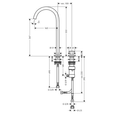 Axor One Смеситель для раковины Sel 260, на 2 отв., высокий, с донным клапаном Push-Open, цвет: шлифованная бронза
