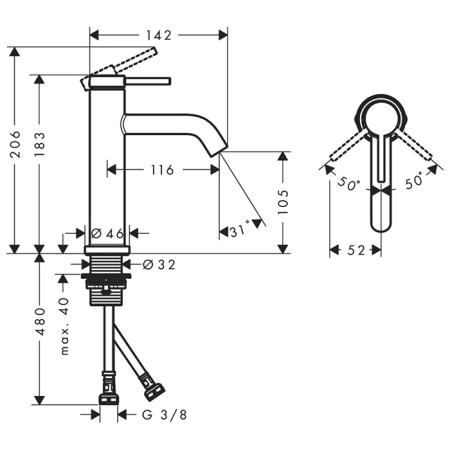 Hansgrohe Tecturis S Смеситель для раковины, 1 отв., без донного клапана, цвет: чёрный матовый