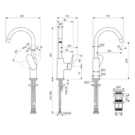 Ideal Standard Ceralife O Смеситель для раковины, на 1 отв., H21.5см., с поворотным изливом, с донным клапаном,  цвет: хром