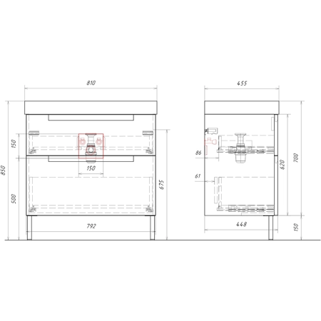 Напольная тумба AQWELLA Vancouver VAN01082N с двумя ящиками 81 см цвет белый с умывальником