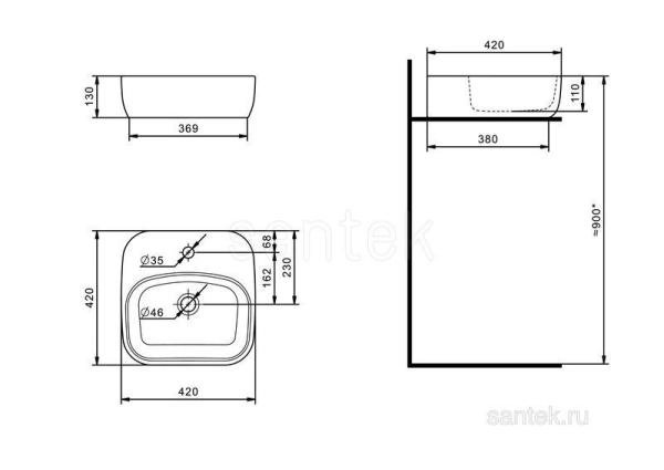 Раковина Santek Одри Soft 420х420 отверстие под смеситель 1WH501709