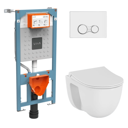 Инсталляция с унитазом VitrA S40 9860B003-7200 комплект 4 в 1 с сиденьем микролифт безободковый цвет клавиши глянцевый хром
