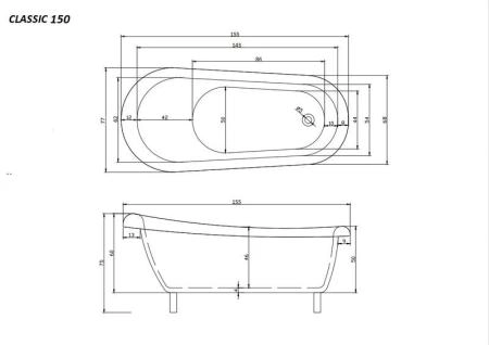 Ванна Cerutti Spa CLASSIC 150 акриловая отдельностоящая (1570x770x740) на львиных алюминиевых лапах (хром)