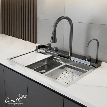 Многофункциональная кухонная мойка CeruttiSPA ГЛОРИЯ (GLORIA) Nano Embos (матовый хром) из нержавеющей стали (750х460х230)