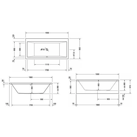 Duravit VERO Ванна 190х90см, акриловая, прямоугольная встраиваемая или с панелями, с 2 наклонами для спины, цвет: белы