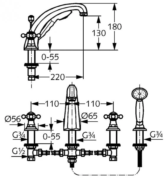 Смеситель Kludi Adlon 5152405G5 для ванны, на 4 отверстия, ручки хрусталь, цвет хром