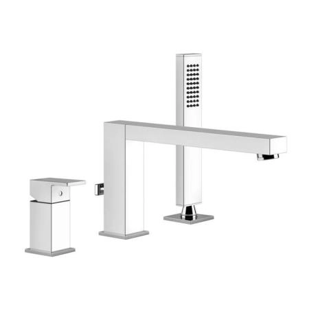 Gessi Rettangolo Смеситель для ванны на 3 отверстия, с переключателем, изливом 195мм и ручным душем, цвет: хром