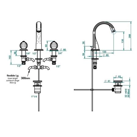 THG  Mandarine metal Смеситель для раковины на 3 отверстия, с донным клапаном, цвет: хром