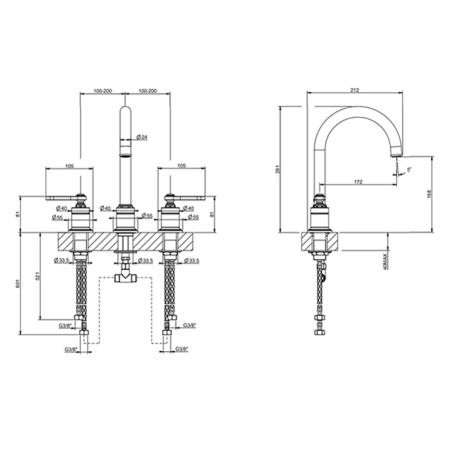 Gessi Venti20 Смеситель для раковины, на 3 отв., излив 17.2см., цвет: Antique Brass